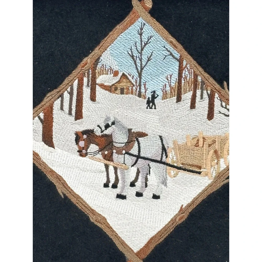 Rustic Framed Needlepoint Art Winter Scene Horses Sleigh‎ Cabin Wall Decor Xmas